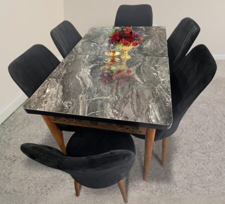 Linden 7-Pieces Dining Table - Black Stone Texture Star Home Furniture