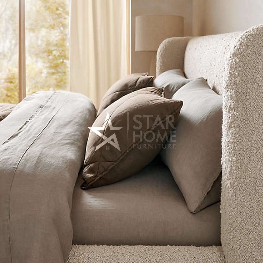 Salone Curved Upholstered Boucle Bed - Light Beige - SHF