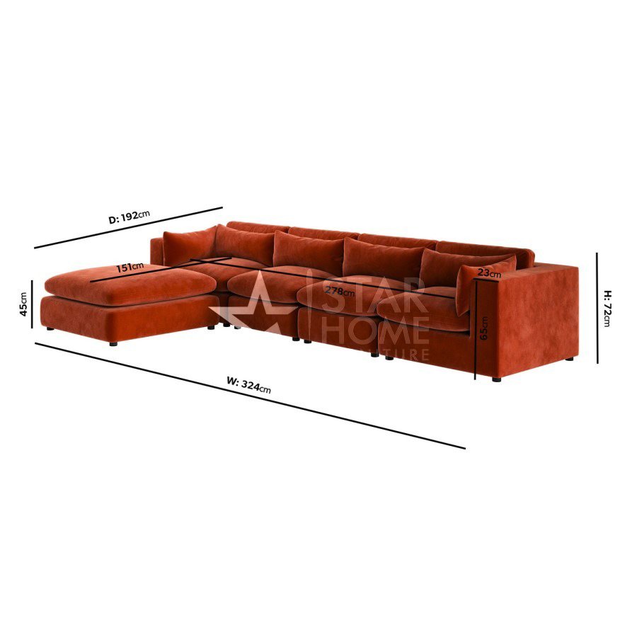 Hudson 5-Seater Large Chaise Corner Velvet Sofa - Burnt Orange - Star Home Furniture
