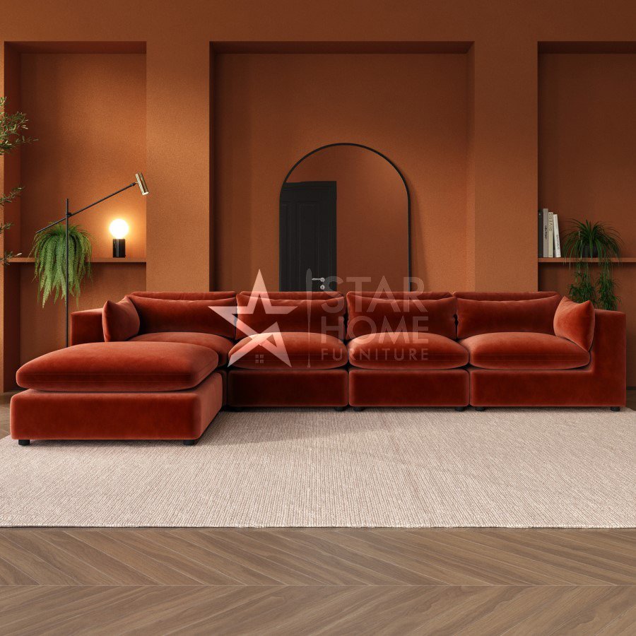 Hudson 5-Seater Large Chaise Corner Velvet Sofa - Burnt Orange - Star Home Furniture