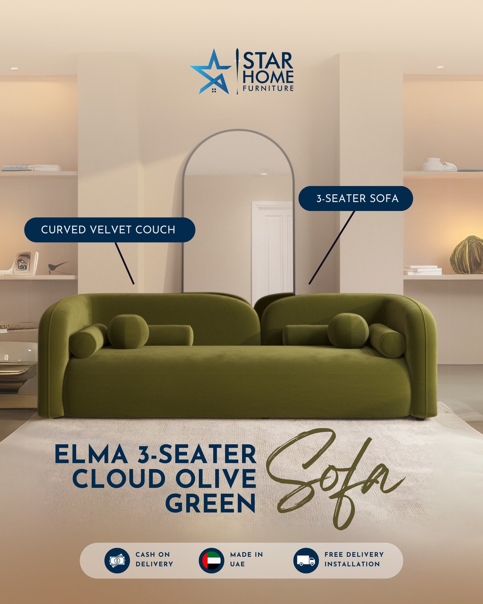 🛋️ Soft curves. Cloud comfort. Effortless elegance. ☁️
Meet the Elma 3-Seater Cloud Sofa – a curved velvet statement piece in a serene Olive Green finish. Perfect for modern, minimal, or luxe living spaces.
✔️ Plush velvet feel
✔️ Sculptural curved silhouette
✔️ Comfort for three (or just you, stretched out!)
Your dream couch just landed. 👇
#StarHomeFurniture #ElmaSofa #VelvetCouch #CurvedSofa #3SeaterSofa #InteriorGoals #HomeInspo #CloudSofa