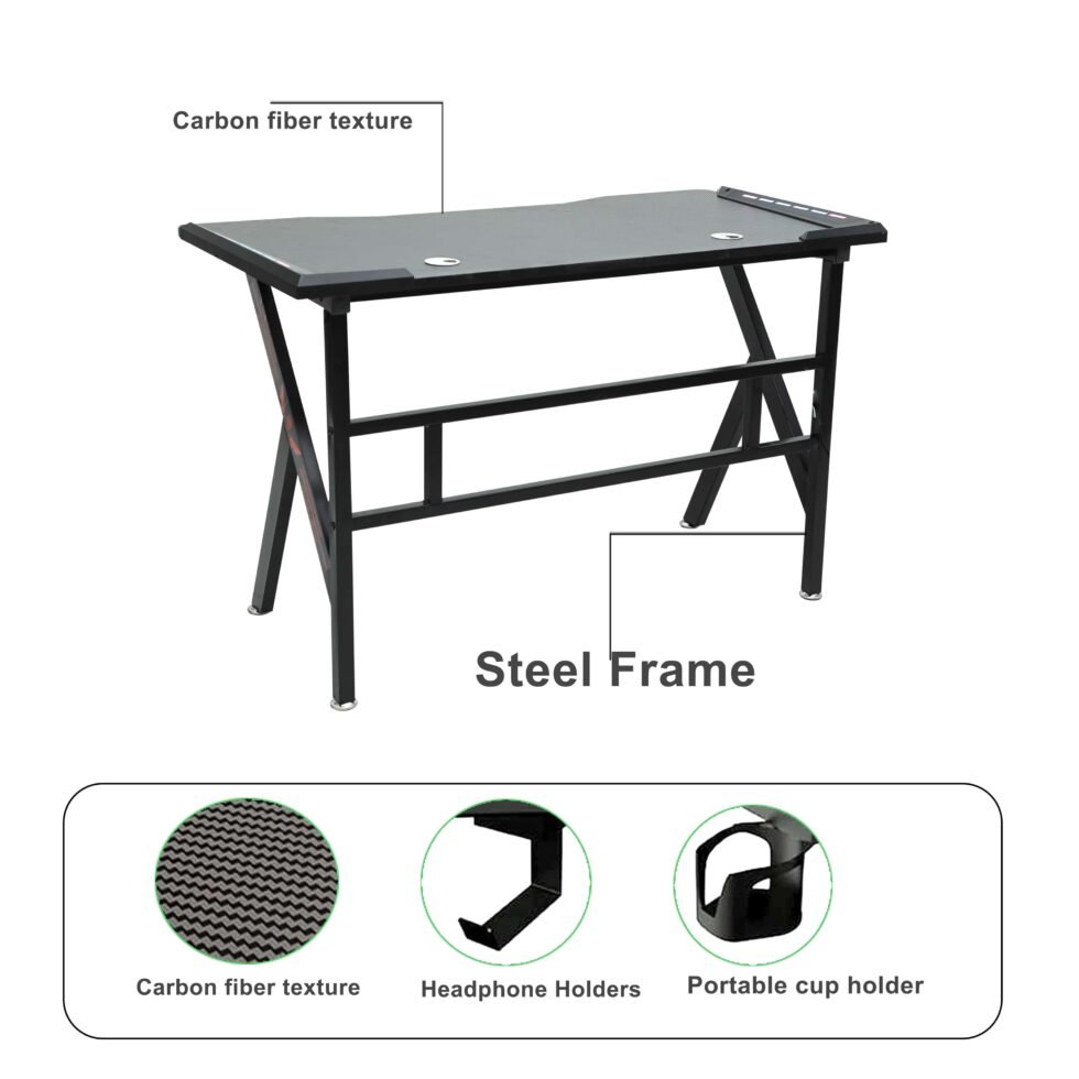 Carson LED Gaming Desk with Hook & Holder – Carbon Fiber Finish