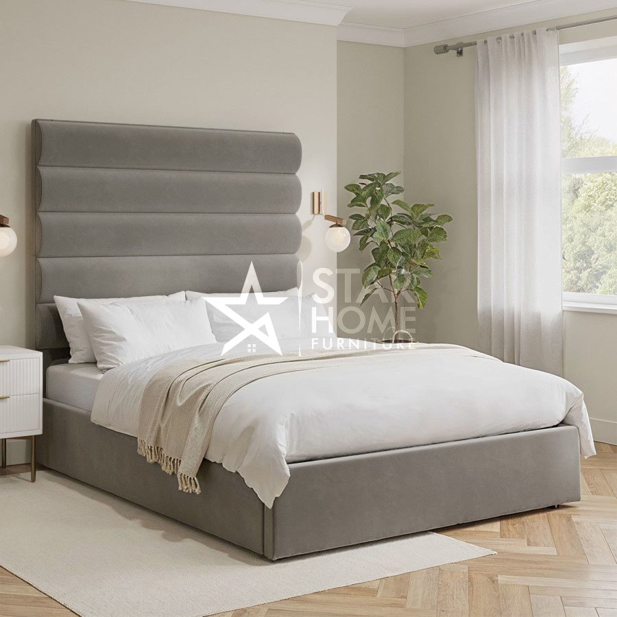 Kendall Tall Cushioned Headboard With Storage Velvet Bed - SHF