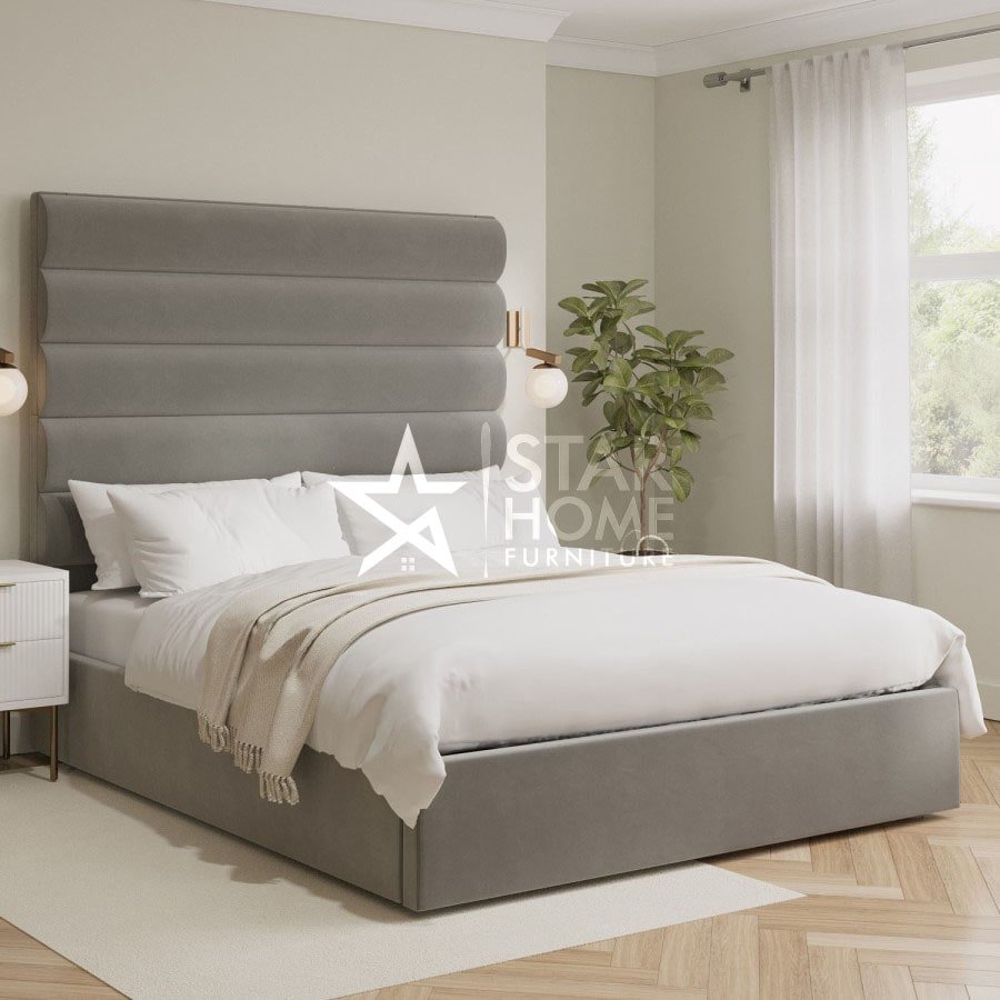 Kendall Tall Cushioned Headboard With Storage Velvet Bed - SHF