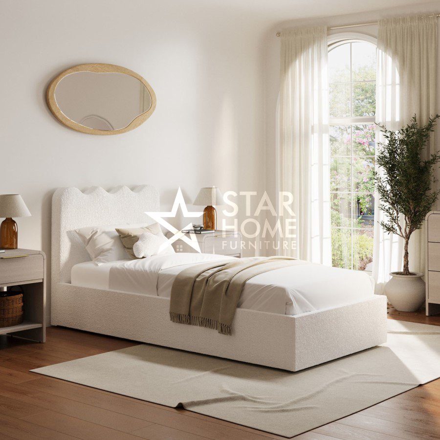 Boba Ottoman With Scalloped Headboard Boucle Bed - Cream - SHF