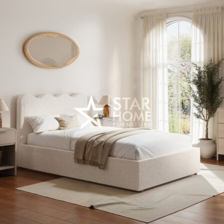 Boba Ottoman With Scalloped Headboard Boucle Bed - Cream - SHF