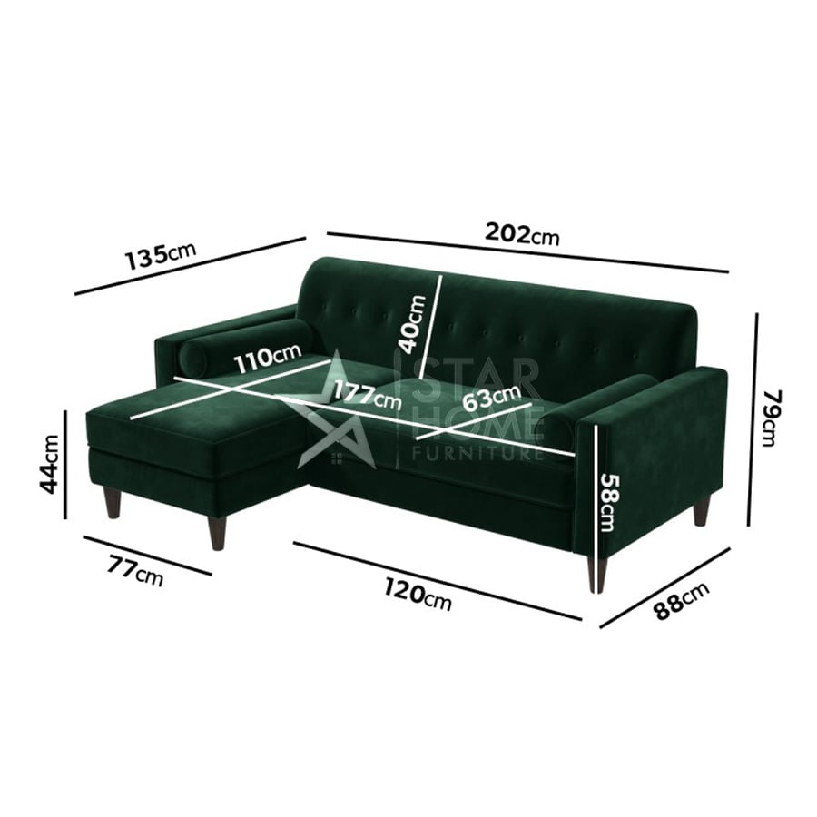 Idris 3-Seater Chaise Corner Velvet Sofa with Footstool Set - Green - SHF