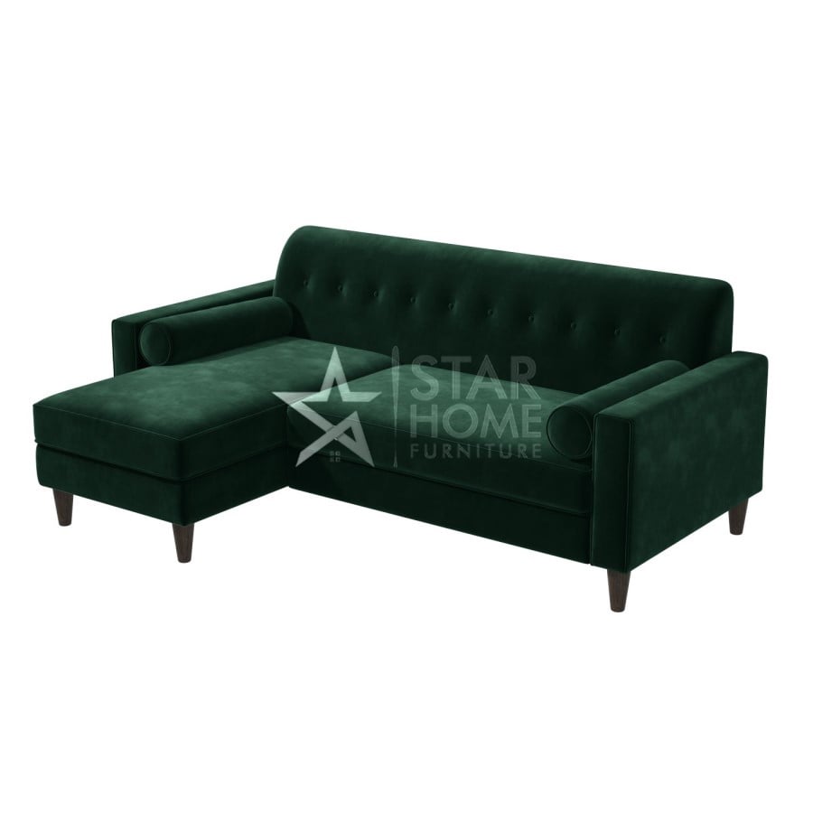Idris 3-Seater Chaise Corner Velvet Sofa with Footstool Set - Green - SHF