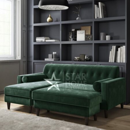 Idris 3-Seater Chaise Corner Velvet Sofa with Footstool Set - Green - SHF