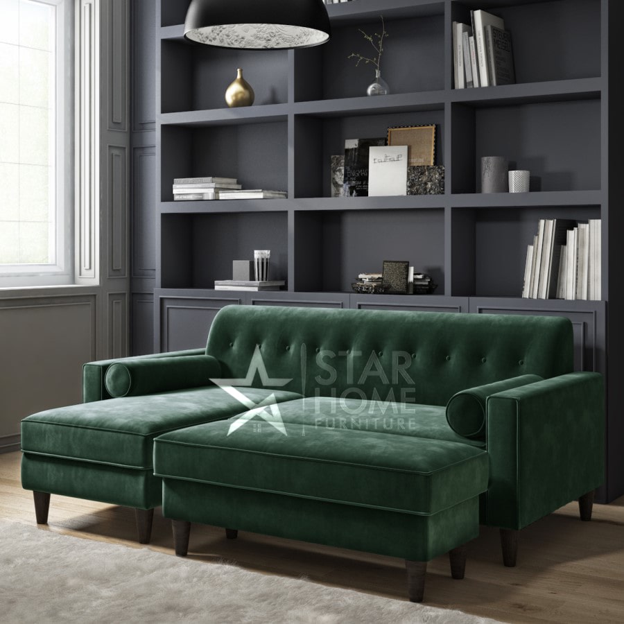Idris 3-Seater Chaise Corner Velvet Sofa with Footstool Set - Green - SHF