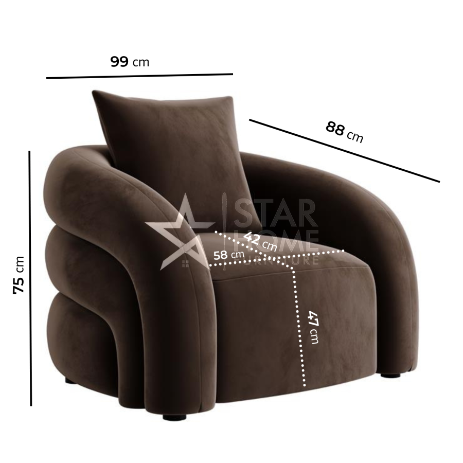Zuri 1-Seater Armchair with Cushion Velvet - Brown - SHF
