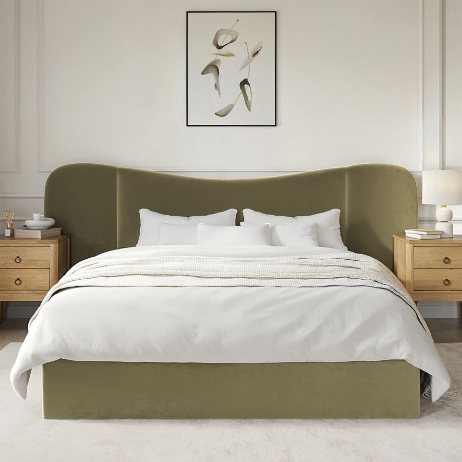 Samara Ottoman Bed with Curved Velvet Wide Headboard - SHF